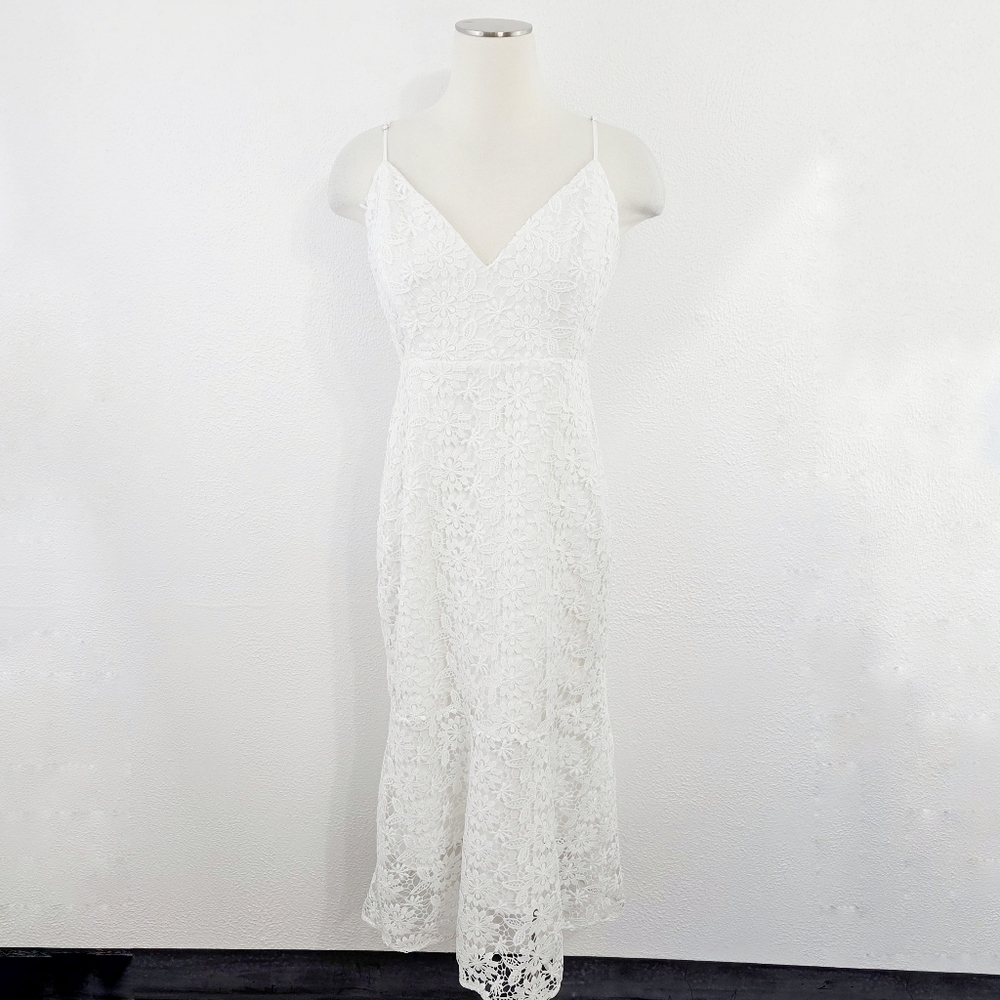 Park & Fifth White Crochet Lace Midi Dress Floral V-neck Flared Size Large